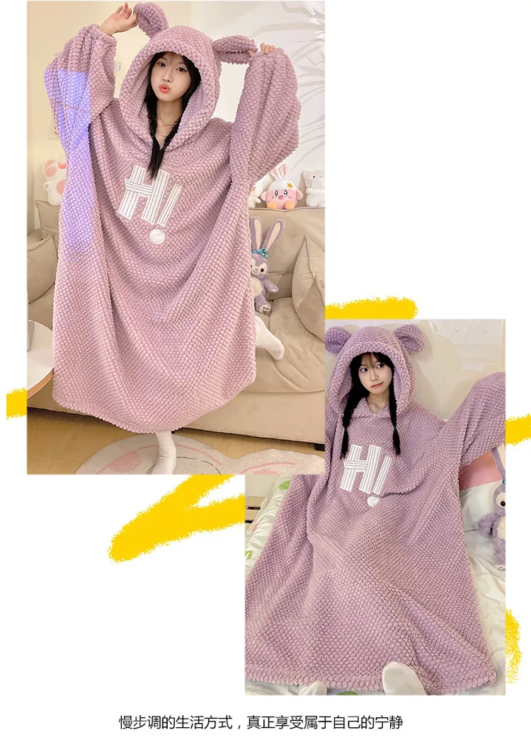 Women's Pajamas Winter New Rose Velvet Hooded Nightdress Korean Style Loose Plus Size 150kg Wearable Loungewear · Wholesale · OEM · Worldwide Shipping - Detail 18