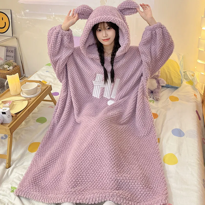 Women's Pajamas Winter New Rose Velvet Hooded Nightdress Korean Style Loose Plus Size 150kg Wearable Loungewear · Wholesale · OEM · Worldwide Shipping