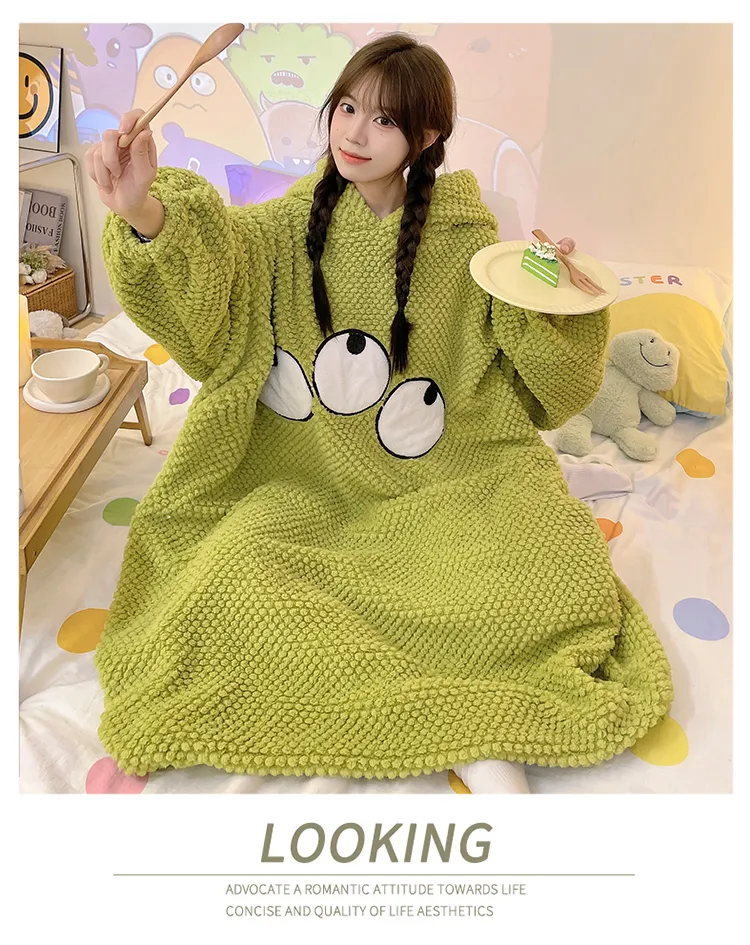 Women's Pajamas Winter New Rose Velvet Hooded Nightdress Korean Style Loose Plus Size 150kg Wearable Loungewear · Wholesale · OEM · Worldwide Shipping - Detail 10