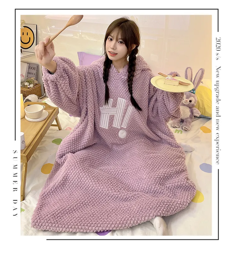 Women's Pajamas Winter New Rose Velvet Hooded Nightdress Korean Style Loose Plus Size 150kg Wearable Loungewear · Wholesale · OEM · Worldwide Shipping - Detail 17