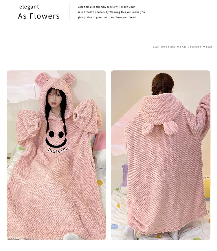 Women's Pajamas Winter New Rose Velvet Hooded Nightdress Korean Style Loose Plus Size 150kg Wearable Loungewear · Wholesale · OEM · Worldwide Shipping - Detail 15
