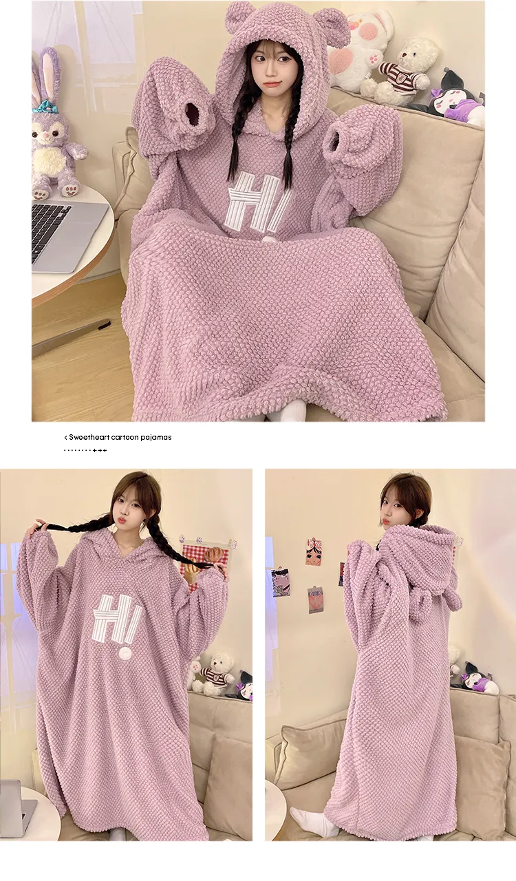 Women's Pajamas Winter New Rose Velvet Hooded Nightdress Korean Style Loose Plus Size 150kg Wearable Loungewear · Wholesale · OEM · Worldwide Shipping - Detail 16
