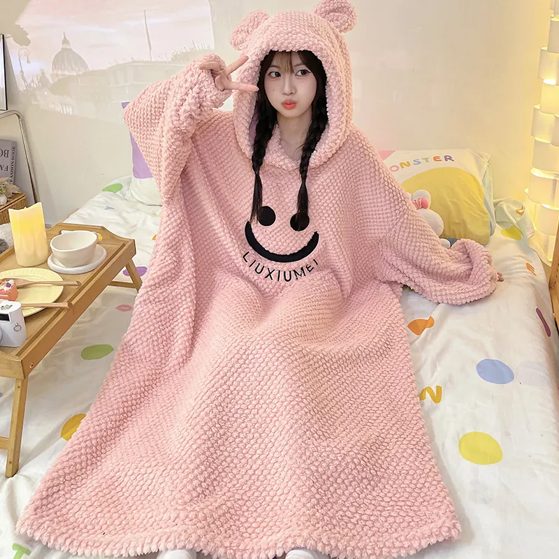 Women's Pajamas Winter New Rose Velvet Hooded Nightdress Korean Style Loose Plus Size 150kg Wearable Loungewear · Wholesale · OEM · Worldwide Shipping - View 1