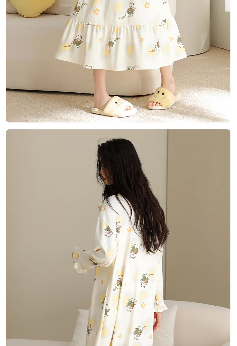 Women's Spring Autumn New Pure Cotton Long Sleeve Nightdress Casual Simple Pullover Princess Collar Wearable Outside Loose Home Dress · Wholesale · OEM · Worldwide Shipping - Detail 12