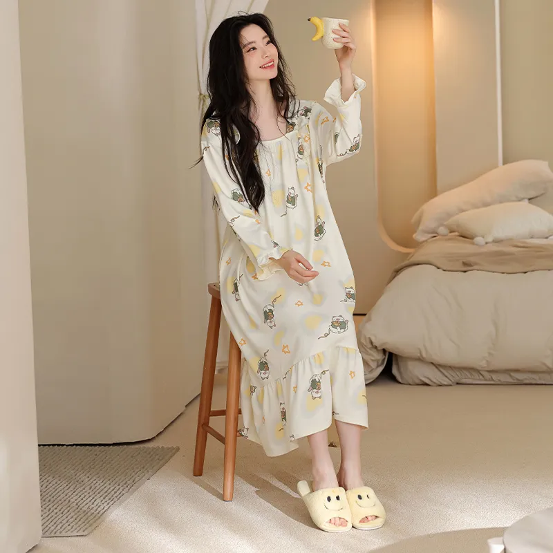 Women's Spring Autumn New Pure Cotton Long Sleeve Nightdress Casual Simple Pullover Princess Collar Wearable Outside Loose Home Dress · Wholesale · OEM · Worldwide Shipping - View 4