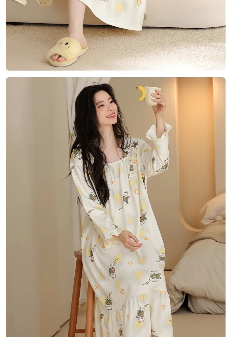 Women's Spring Autumn New Pure Cotton Long Sleeve Nightdress Casual Simple Pullover Princess Collar Wearable Outside Loose Home Dress · Wholesale · OEM · Worldwide Shipping - Detail 10
