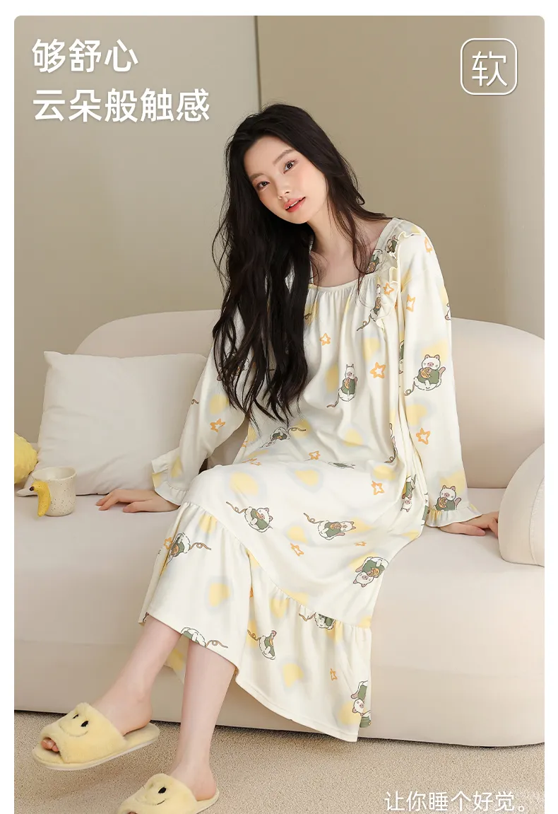 Women's Spring Autumn New Pure Cotton Long Sleeve Nightdress Casual Simple Pullover Princess Collar Wearable Outside Loose Home Dress · Wholesale · OEM · Worldwide Shipping - Detail 1
