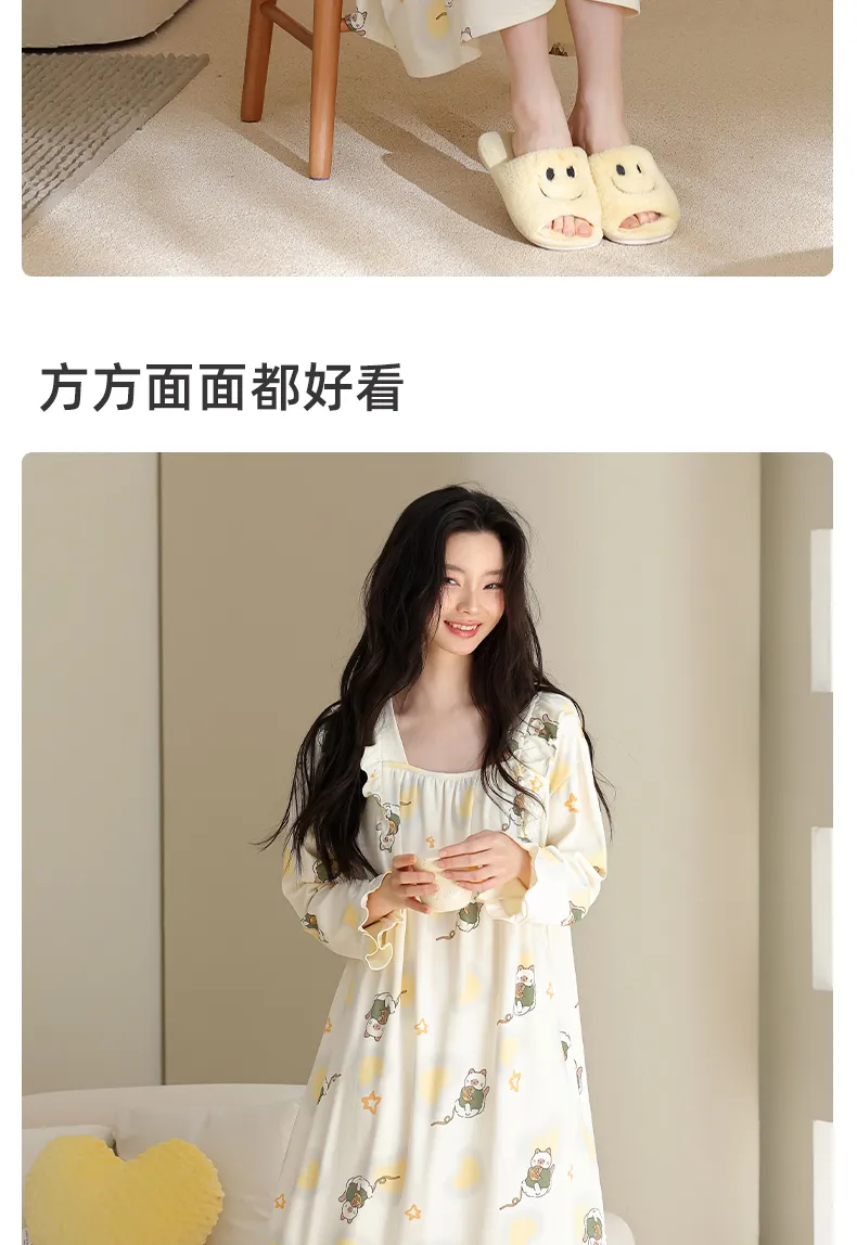 Women's Spring Autumn New Pure Cotton Long Sleeve Nightdress Casual Simple Pullover Princess Collar Wearable Outside Loose Home Dress · Wholesale · OEM · Worldwide Shipping - Detail 11