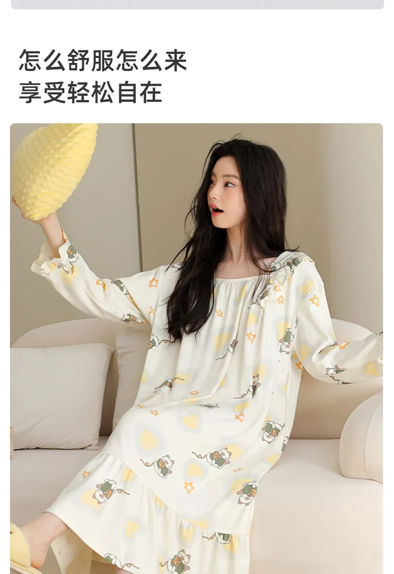 Women's Spring Autumn New Pure Cotton Long Sleeve Nightdress Casual Simple Pullover Princess Collar Wearable Outside Loose Home Dress · Wholesale · OEM · Worldwide Shipping - Detail 9