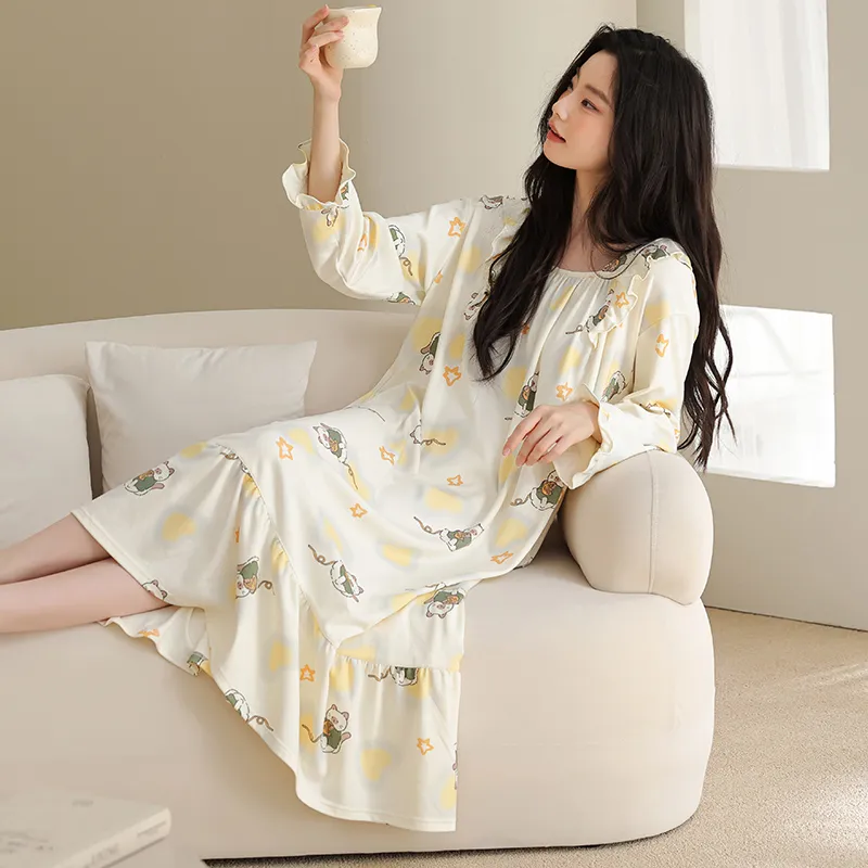 Women's Spring Autumn New Pure Cotton Long Sleeve Nightdress Casual Simple Pullover Princess Collar Wearable Outside Loose Home Dress · Wholesale · OEM · Worldwide Shipping - View 3
