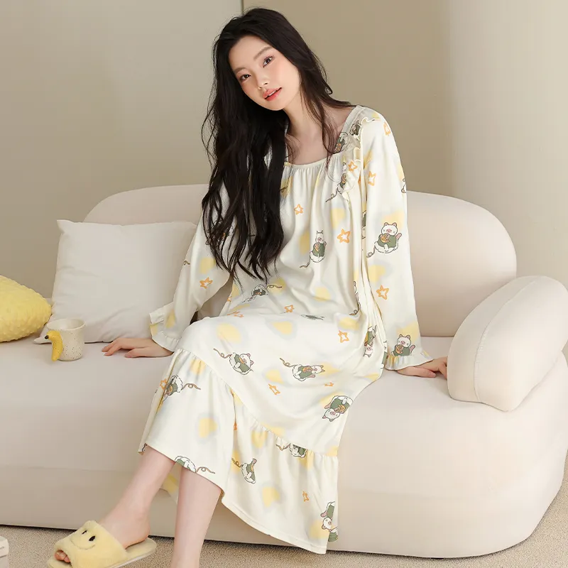 Gaun tidur lengan panjang katun murni wanita model baru musim semi musim gugur, santai minimalis, potongan kepala, kerah putri, bisa dipakai di luar, longgar, pakaian rumah · Grosir · OEM · Pengiriman Global