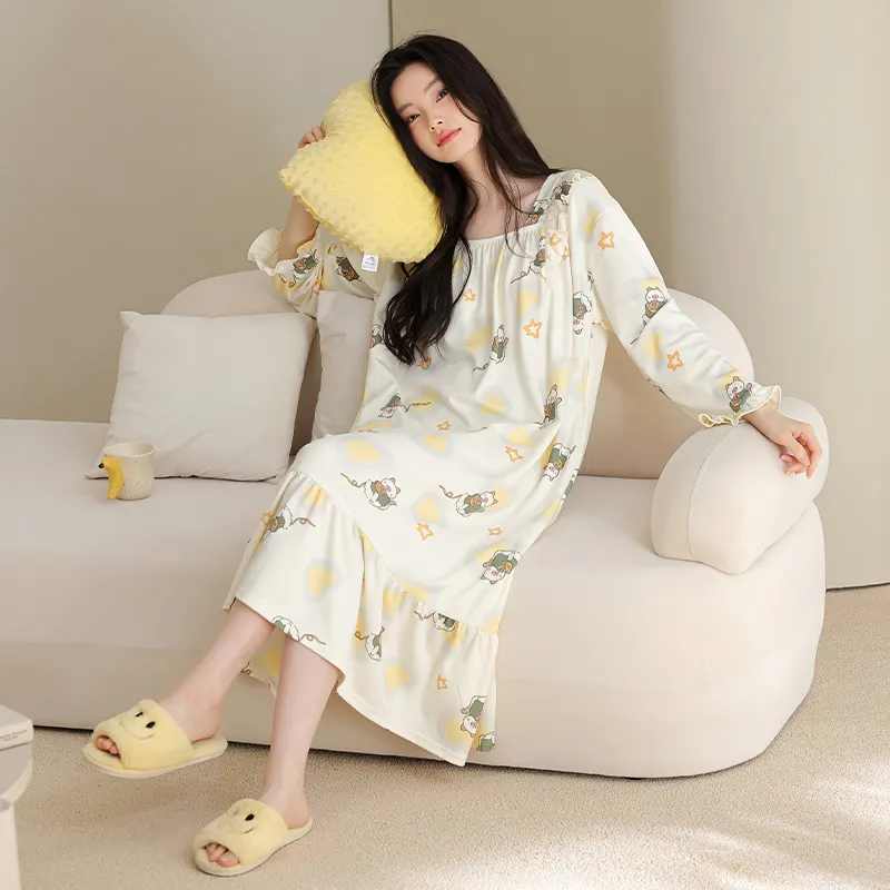 Women's Spring Autumn New Pure Cotton Long Sleeve Nightdress Casual Simple Pullover Princess Collar Wearable Outside Loose Home Dress · Wholesale · OEM · Worldwide Shipping - View 1