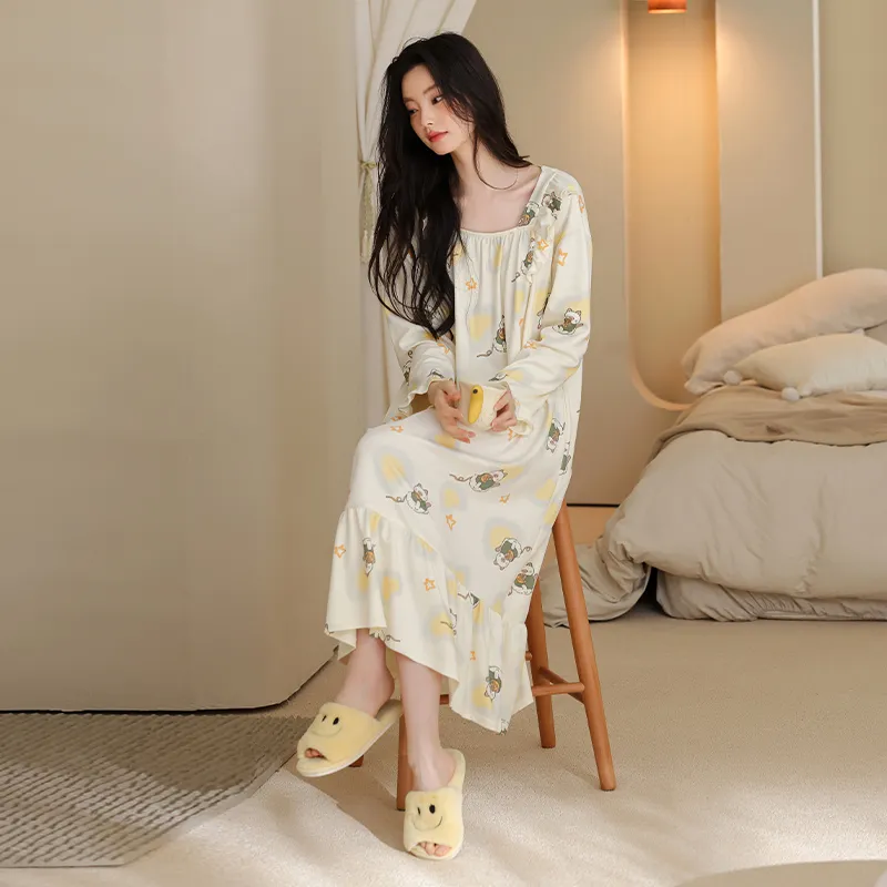 Women's Spring Autumn New Pure Cotton Long Sleeve Nightdress Casual Simple Pullover Princess Collar Wearable Outside Loose Home Dress · Wholesale · OEM · Worldwide Shipping - View 2