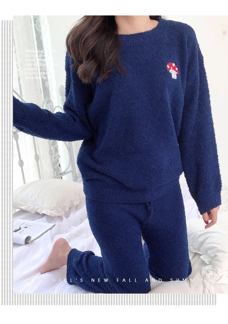 Ensemble pyjama femme demi-velours d'automne-hiver manches longues pantalon long deux pièces décontracté simple col rond pull-over vêtement d'intérieur portable à l'extérieur · Grossiste · OEM · Mondial - Detail 3