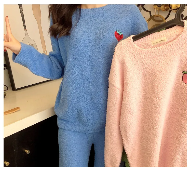Ensemble pyjama femme demi-velours d'automne-hiver manches longues pantalon long deux pièces décontracté simple col rond pull-over vêtement d'intérieur portable à l'extérieur · Grossiste · OEM · Mondial - Detail 13