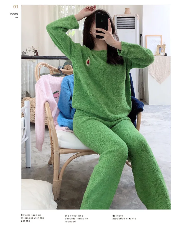 Ensemble pyjama femme demi-velours d'automne-hiver manches longues pantalon long deux pièces décontracté simple col rond pull-over vêtement d'intérieur portable à l'extérieur · Grossiste · OEM · Mondial - Detail 9