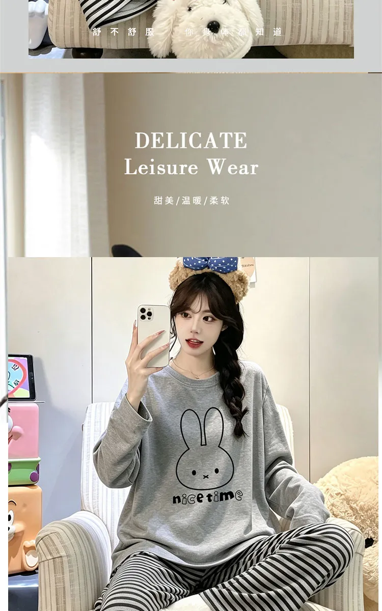 여성 잠옷 100% 순면 라운드넥 민소매 학생 귀여운 긴팔 긴바지 세트 더블 포켓 가을 홈웨어 · 도매 · OEM · 전 세계 배송 - Detail 6