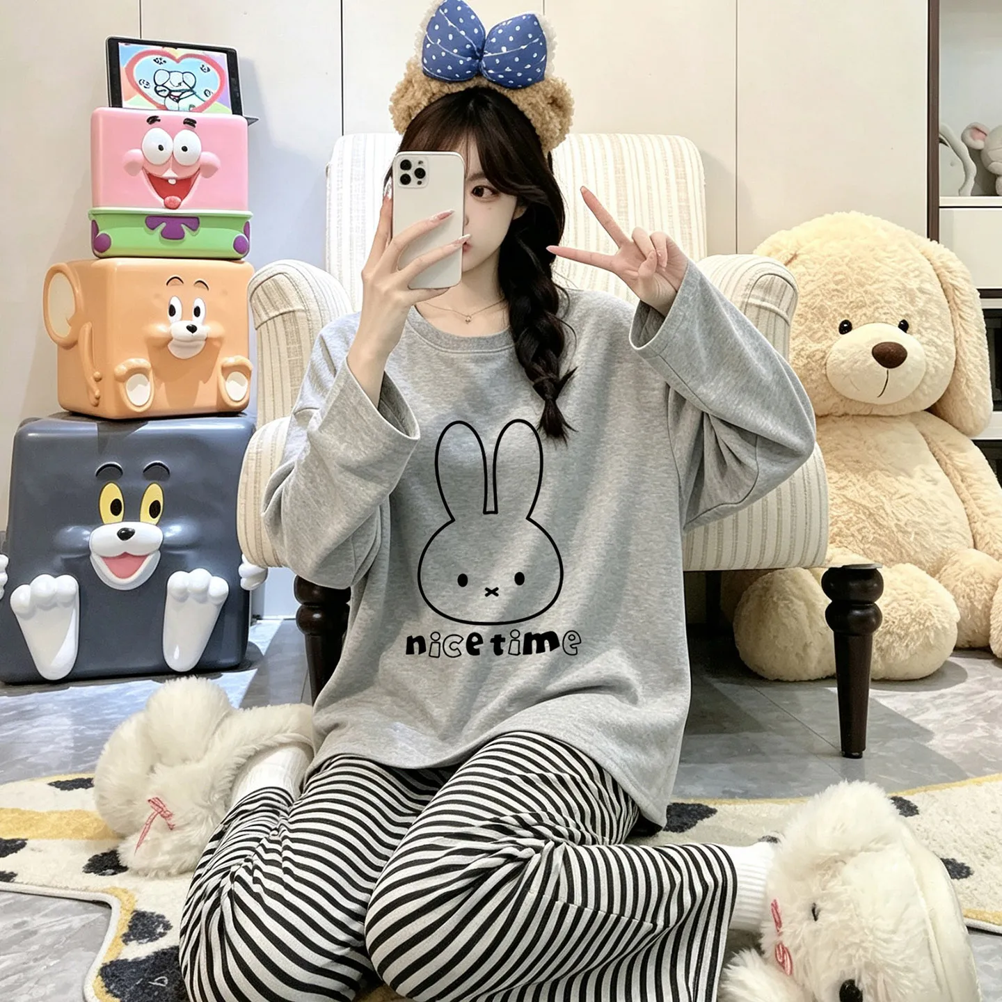 여성 잠옷 100% 순면 라운드넥 민소매 학생 귀여운 긴팔 긴바지 세트 더블 포켓 가을 홈웨어 · 도매 · OEM · 전 세계 배송 - View 2