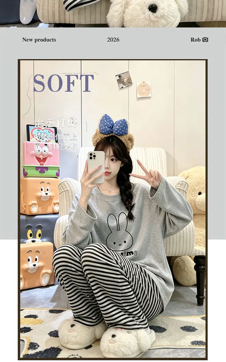 여성 잠옷 100% 순면 라운드넥 민소매 학생 귀여운 긴팔 긴바지 세트 더블 포켓 가을 홈웨어 · 도매 · OEM · 전 세계 배송 - Detail 2