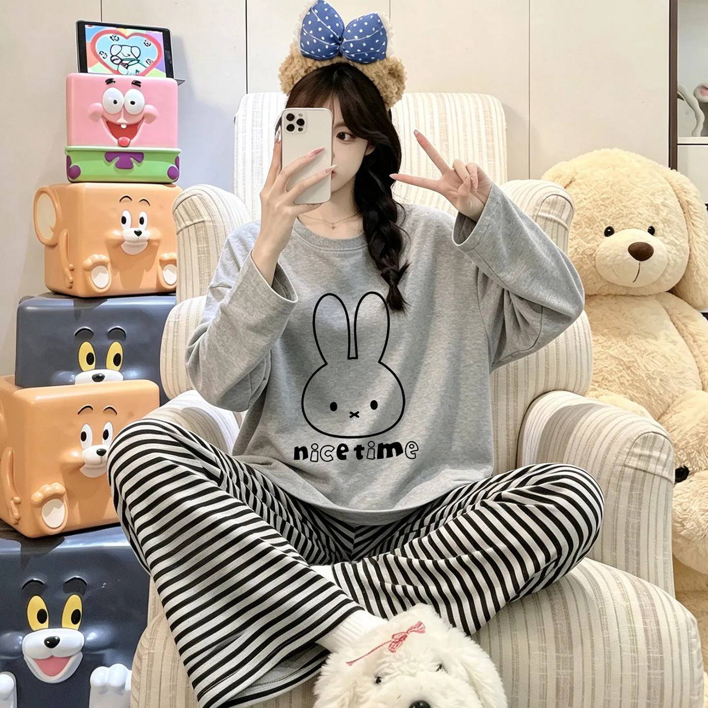 여성 잠옷 100% 순면 라운드넥 민소매 학생 귀여운 긴팔 긴바지 세트 더블 포켓 가을 홈웨어 · 도매 · OEM · 전 세계 배송 - View 1