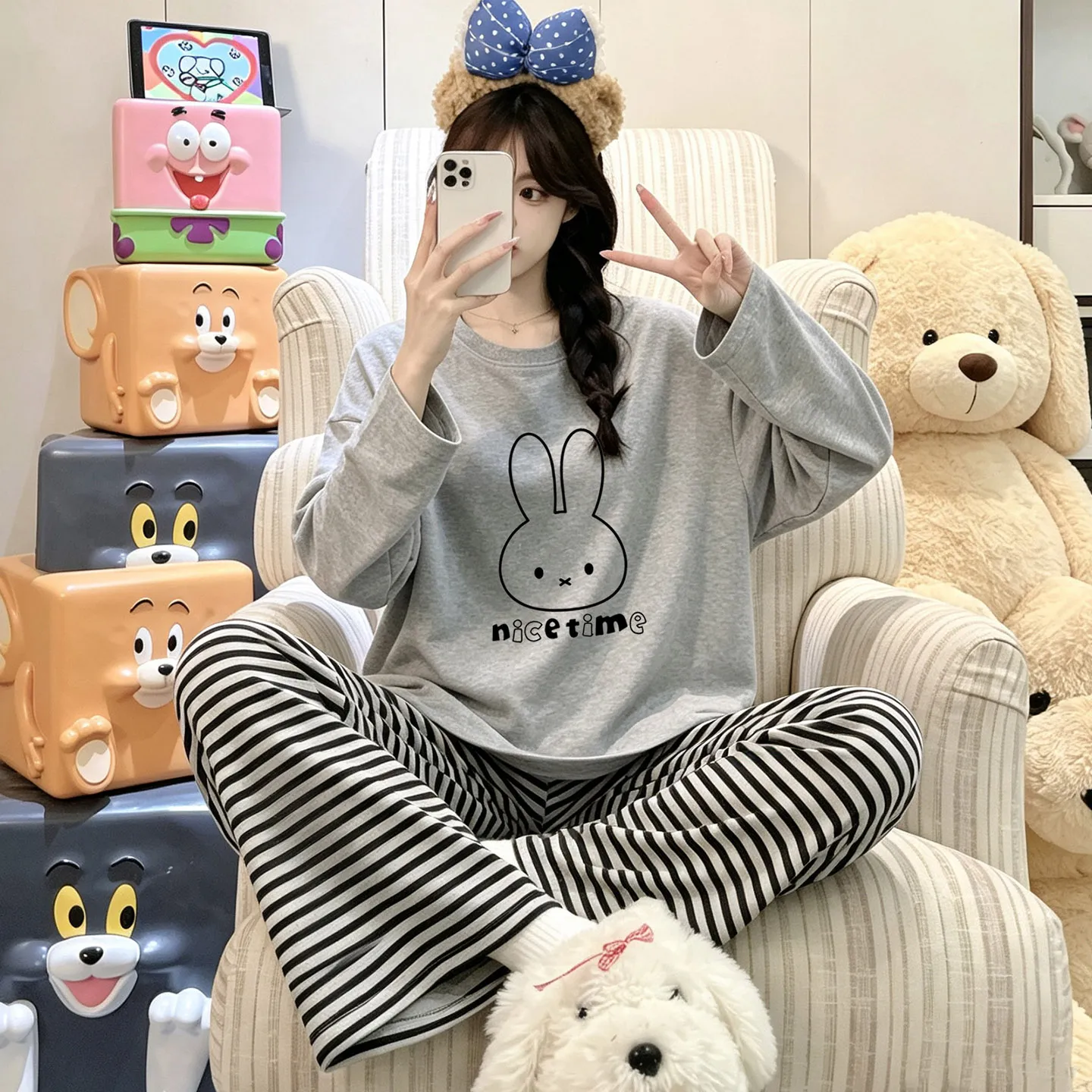 여성 잠옷 100% 순면 라운드넥 민소매 학생 귀여운 긴팔 긴바지 세트 더블 포켓 가을 홈웨어 · 도매 · OEM · 전 세계 배송 - View 4