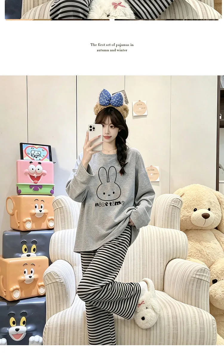 여성 잠옷 100% 순면 라운드넥 민소매 학생 귀여운 긴팔 긴바지 세트 더블 포켓 가을 홈웨어 · 도매 · OEM · 전 세계 배송 - Detail 7