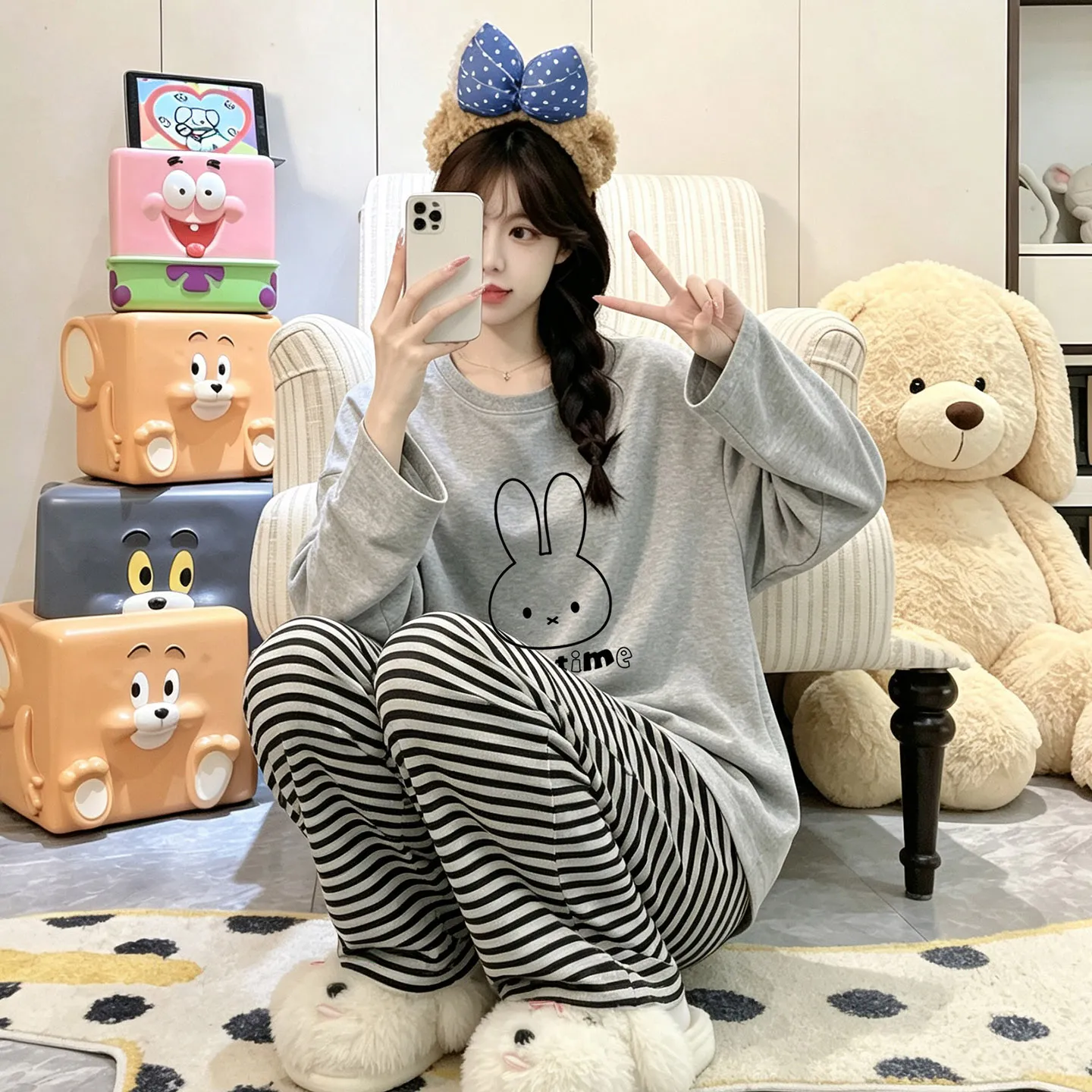 여성 잠옷 100% 순면 라운드넥 민소매 학생 귀여운 긴팔 긴바지 세트 더블 포켓 가을 홈웨어 · 도매 · OEM · 전 세계 배송 - View 3