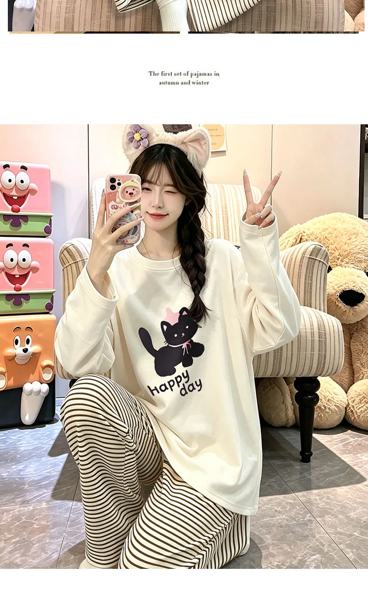 여성 봄 가을 신상 순면 긴팔 긴바지 투피스 캐주얼 심플 라운드넥 풀오버 외출 가능 홈웨어 · 도매 · OEM · 전 세계 배송 - Detail 8