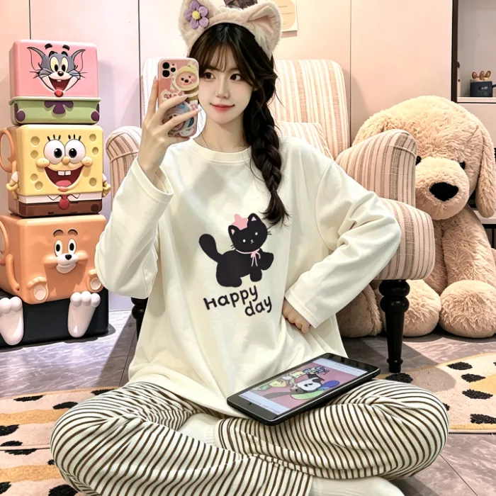 여성 봄 가을 신상 순면 긴팔 긴바지 투피스 캐주얼 심플 라운드넥 풀오버 외출 가능 홈웨어 · 도매 · OEM · 전 세계 배송 - Detail 1