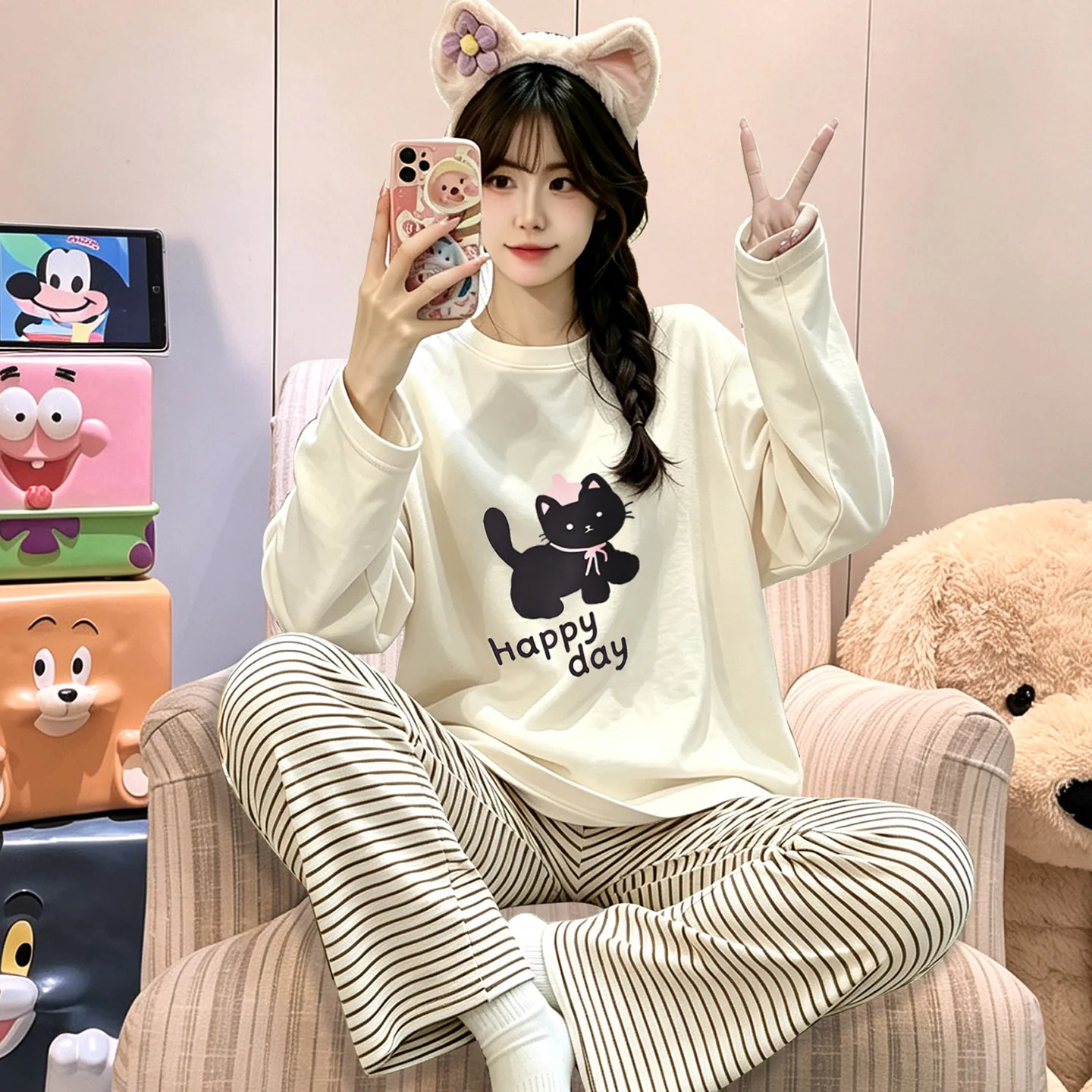 여성 봄 가을 신상 순면 긴팔 긴바지 투피스 캐주얼 심플 라운드넥 풀오버 외출 가능 홈웨어 · 도매 · OEM · 전 세계 배송 - View 2