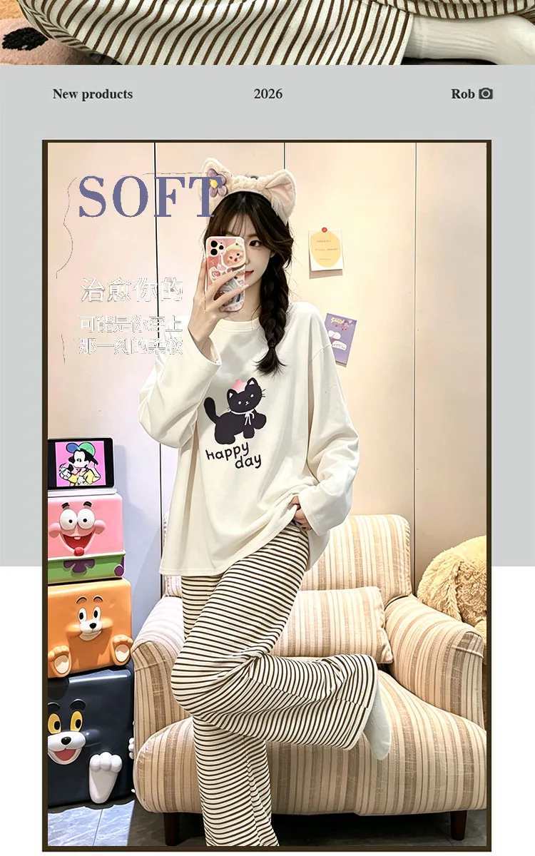 여성 봄 가을 신상 순면 긴팔 긴바지 투피스 캐주얼 심플 라운드넥 풀오버 외출 가능 홈웨어 · 도매 · OEM · 전 세계 배송 - Detail 3