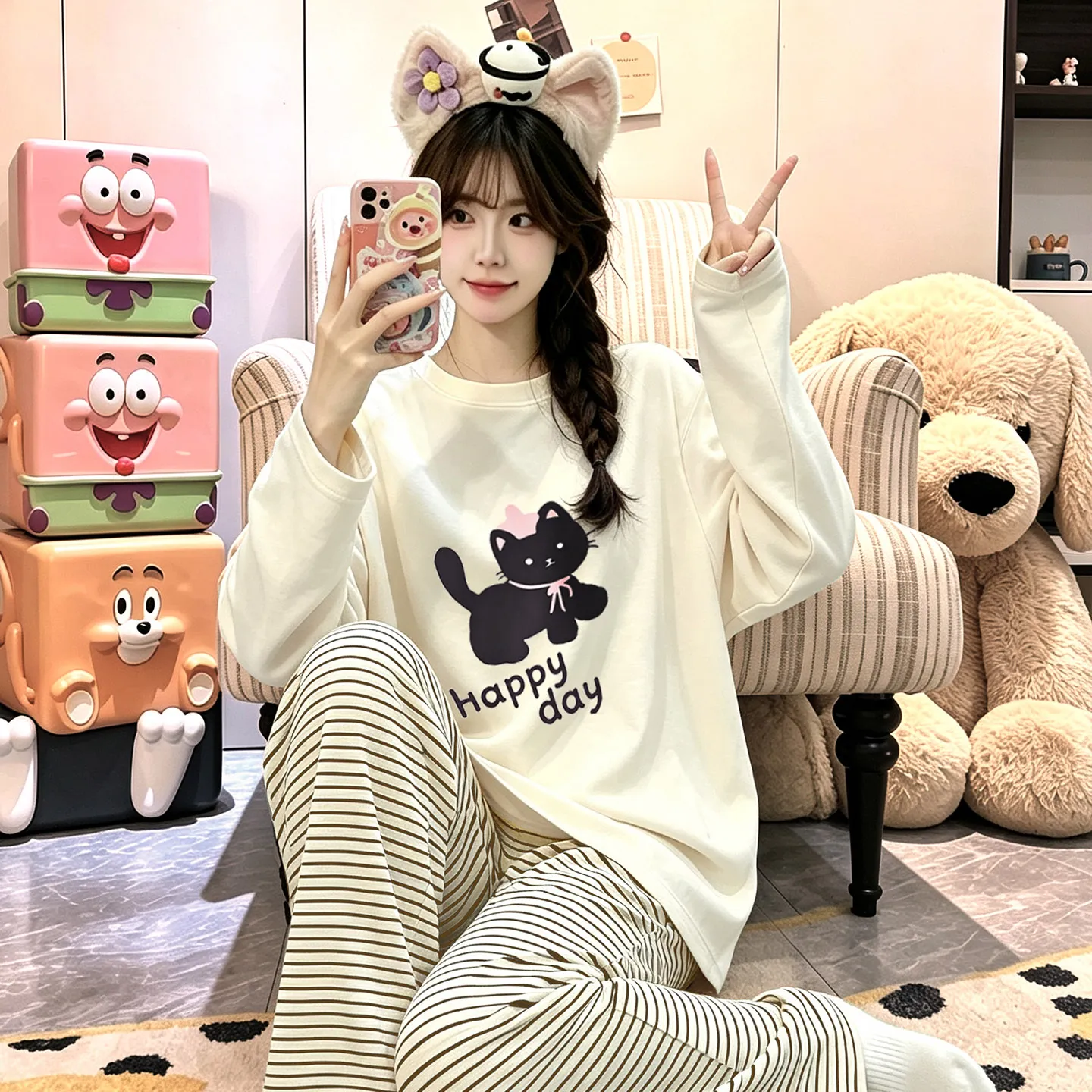 여성 봄 가을 신상 순면 긴팔 긴바지 투피스 캐주얼 심플 라운드넥 풀오버 외출 가능 홈웨어 · 도매 · OEM · 전 세계 배송 - View 1