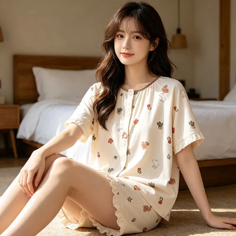 Ensemble de pyjama d'été pour femme, manches courtes, fin, en pur coton, pyjama d'été, short, gilet, vêtements d'intérieur tout coton, pour diffusion en direct avec climatisation · Grossiste · OEM · Mondial - View 3