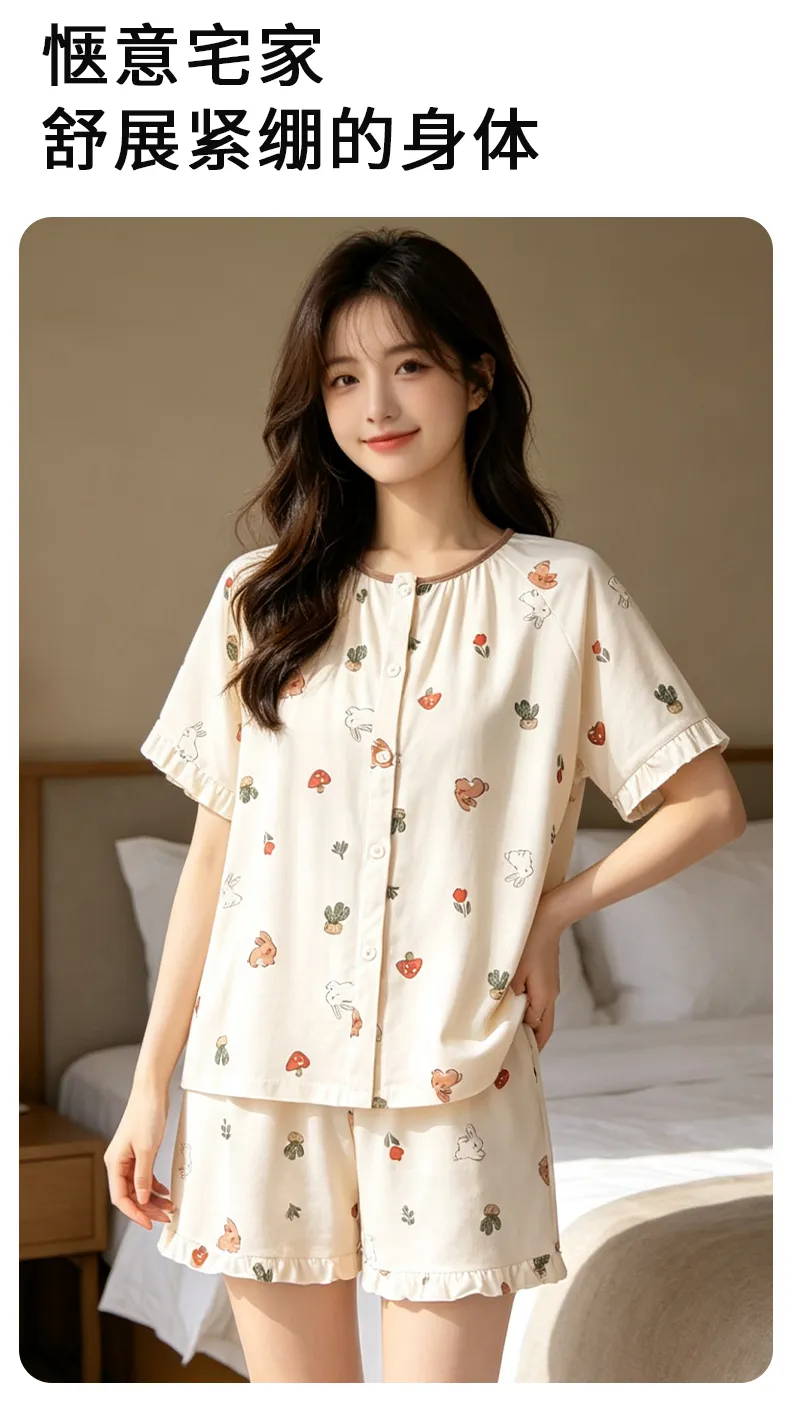 Ensemble de pyjama d'été pour femme, manches courtes, fin, en pur coton, pyjama d'été, short, gilet, vêtements d'intérieur tout coton, pour diffusion en direct avec climatisation · Grossiste · OEM · Mondial - Detail 9