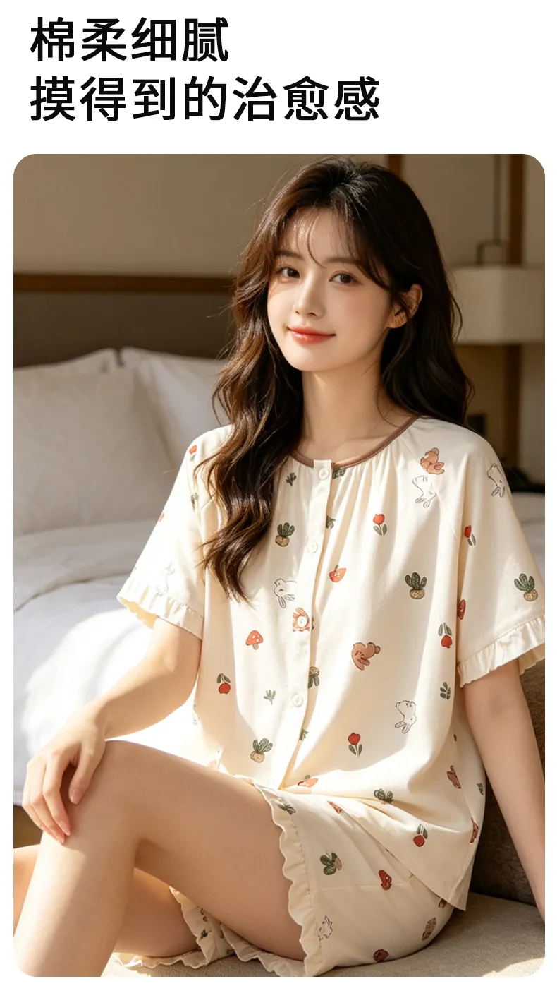 Ensemble de pyjama d'été pour femme, manches courtes, fin, en pur coton, pyjama d'été, short, gilet, vêtements d'intérieur tout coton, pour diffusion en direct avec climatisation · Grossiste · OEM · Mondial - Detail 7