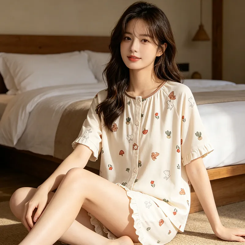 Piyama Wanita Lengan Pendek Katun Murni Tipis Musim Panas Set Piyama AC Live Streaming Celana Pendek Cardigan Katun Seluruhnya Pakaian Rumah · Grosir · OEM · Pengiriman Global