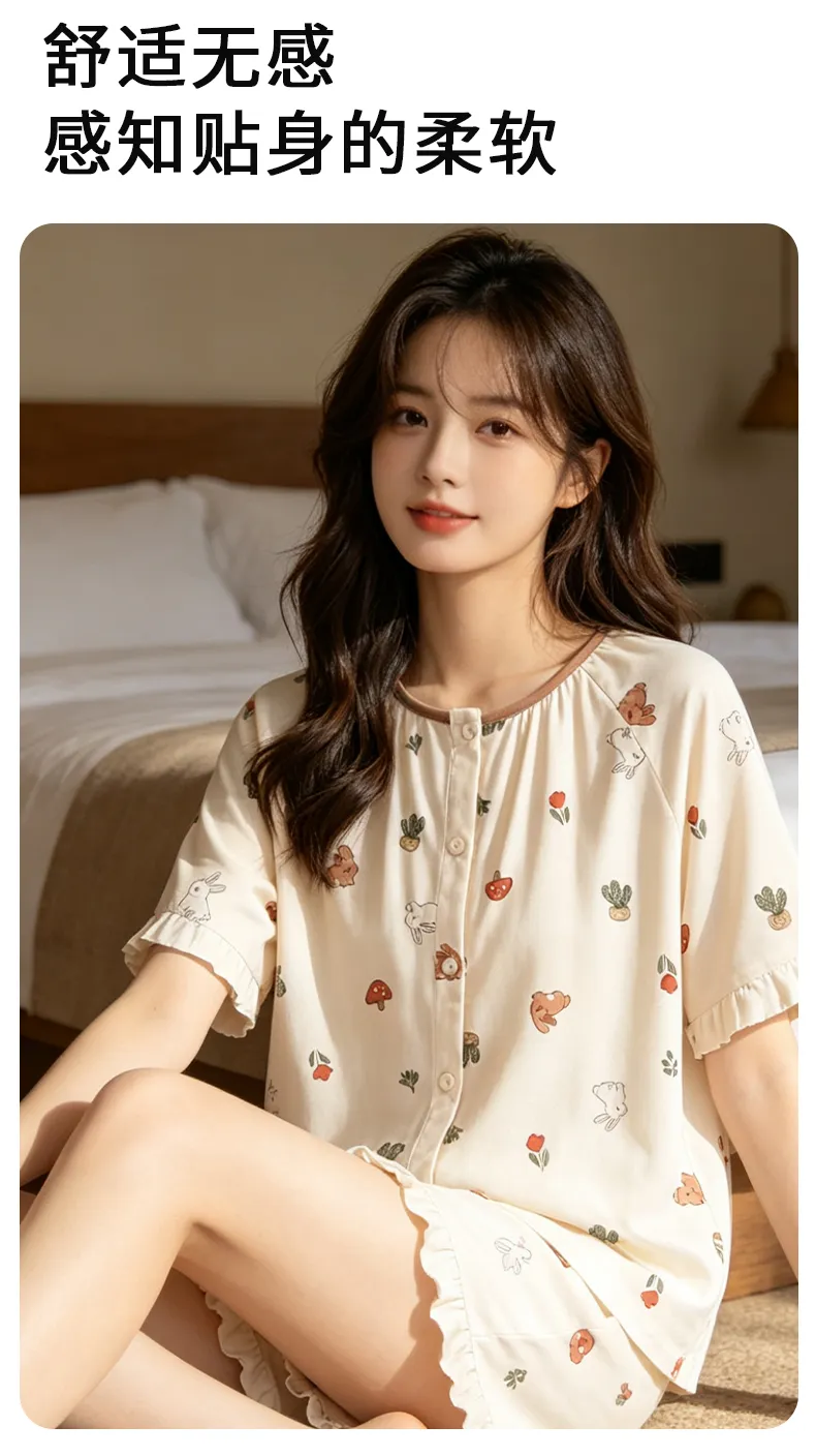 Ensemble de pyjama d'été pour femme, manches courtes, fin, en pur coton, pyjama d'été, short, gilet, vêtements d'intérieur tout coton, pour diffusion en direct avec climatisation · Grossiste · OEM · Mondial - Detail 8