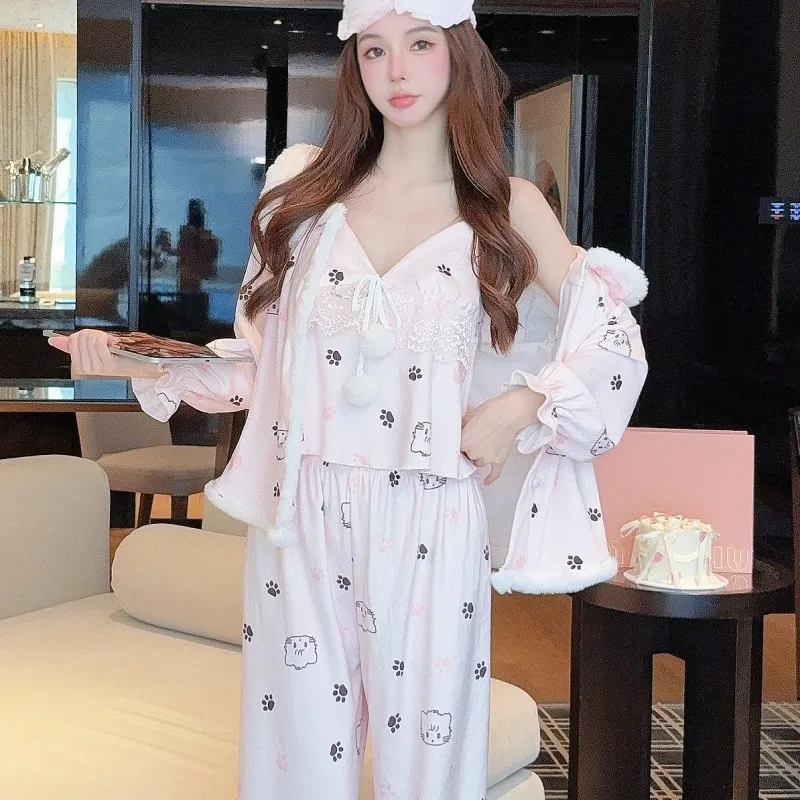 Ensemble pyjama 3 pièces en velours polaire îlot, col V, sexy, hiver, avec bretelles et coussinets, chaud, lingerie de maison, doux, jeune fille · Grossiste · OEM · Mondial - View 1