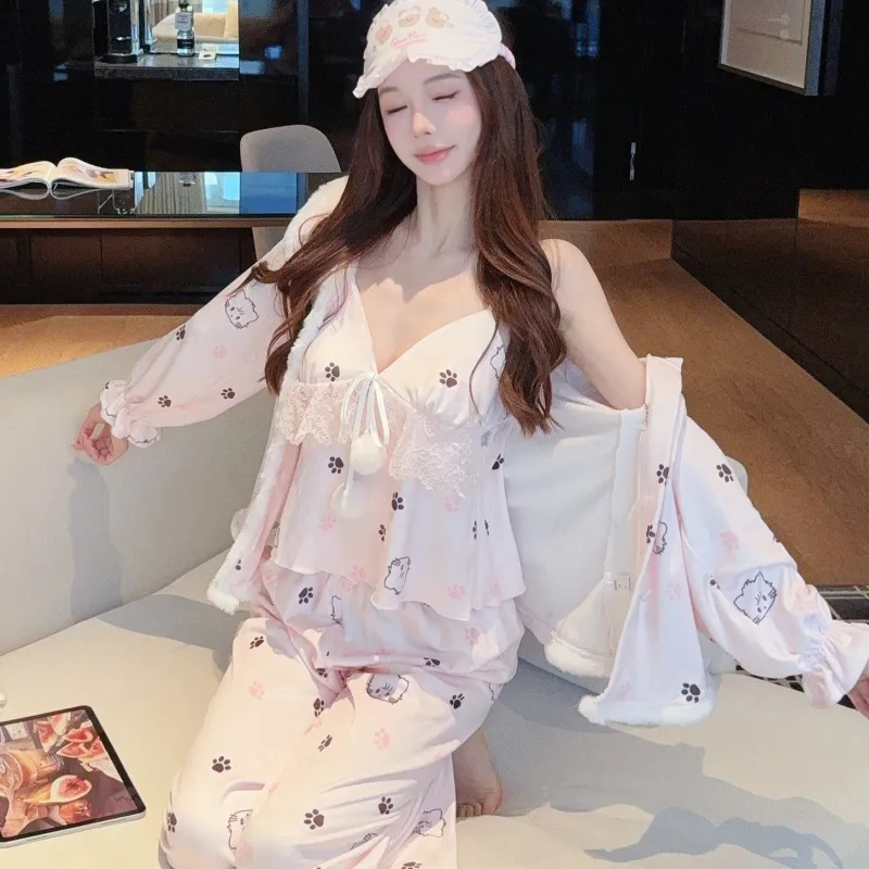 Ensemble pyjama 3 pièces en velours polaire îlot, col V, sexy, hiver, avec bretelles et coussinets, chaud, lingerie de maison, doux, jeune fille · Grossiste · OEM · Mondial - View 3