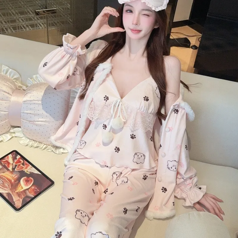 Ensemble pyjama 3 pièces en velours polaire îlot, col V, sexy, hiver, avec bretelles et coussinets, chaud, lingerie de maison, doux, jeune fille · Grossiste · OEM · Mondial - View 4