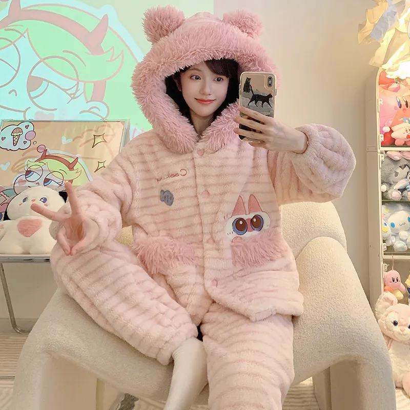 パジャマ レディース 冬 新作 美妃ベルベット カーディガン フード付き セット ゆったり 大きいサイズ 110kg 着用可能 ルームウェア M-5XL · 卸売 · OEM · 世界へ発送 - View 3