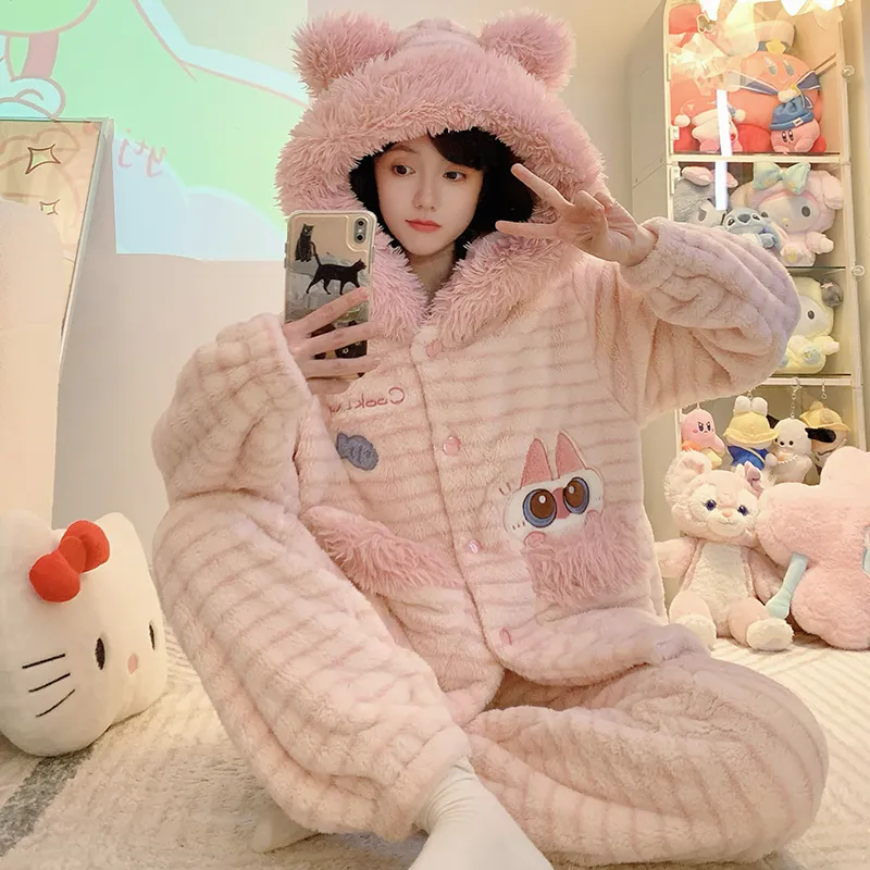 Pajamas Women Winter New Meifei Velvet Cardigan Hooded Set Loose Plus Size 110kg Wearable Homewear M-5XL · Wholesale · OEM · Worldwide Shipping
