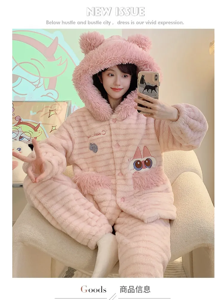 パジャマ レディース 冬 新作 美妃ベルベット カーディガン フード付き セット ゆったり 大きいサイズ 110kg 着用可能 ルームウェア M-5XL · 卸売 · OEM · 世界へ発送 - Detail 1