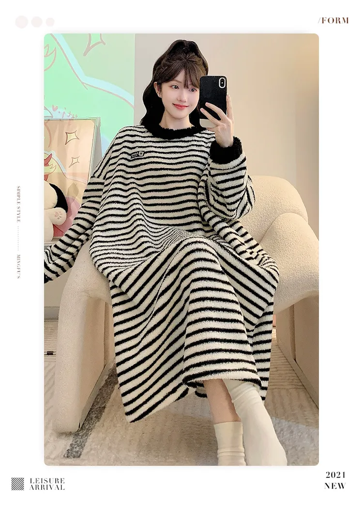 Women's Pajamas Winter New Half-Sherpa Fleece Nightdress Korean Style Loose Plus Size Up to 125kg Wearable Loungewear M-2XL · Wholesale · OEM · Worldwide Shipping - Detail 10