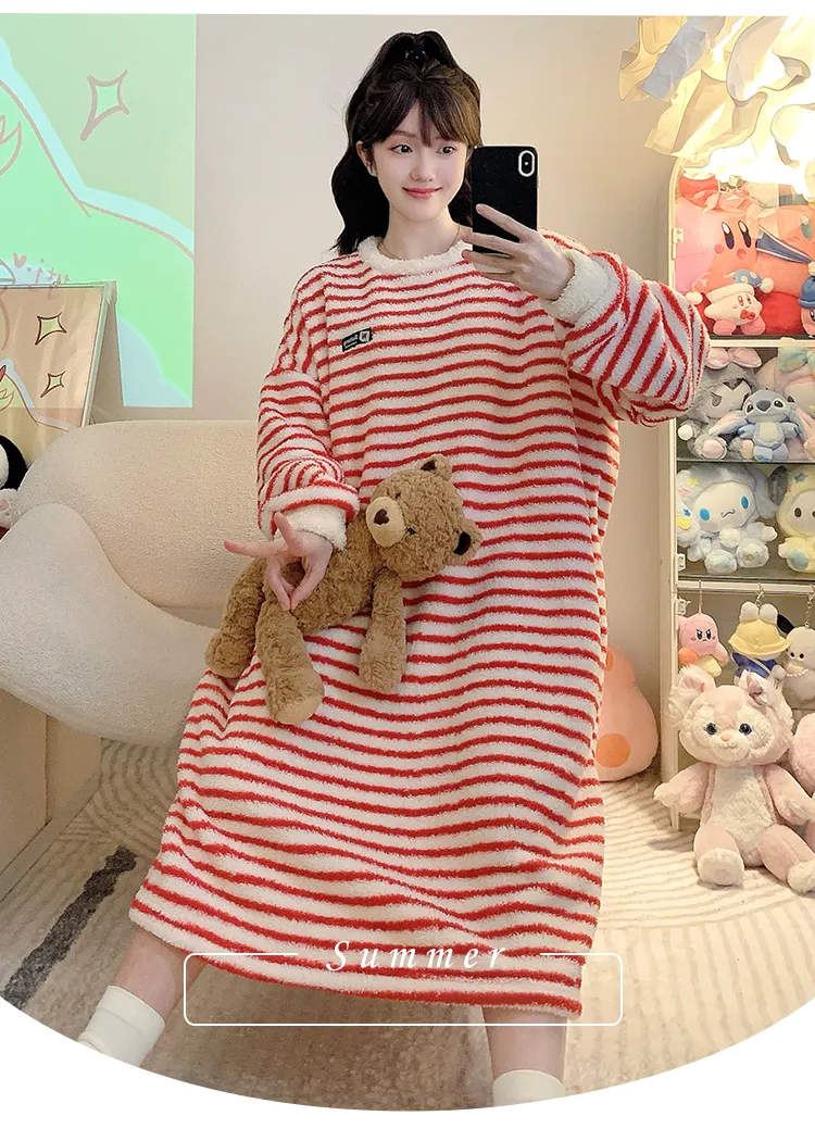 Women's Pajamas Winter New Half-Sherpa Fleece Nightdress Korean Style Loose Plus Size Up to 125kg Wearable Loungewear M-2XL · Wholesale · OEM · Worldwide Shipping - Detail 7
