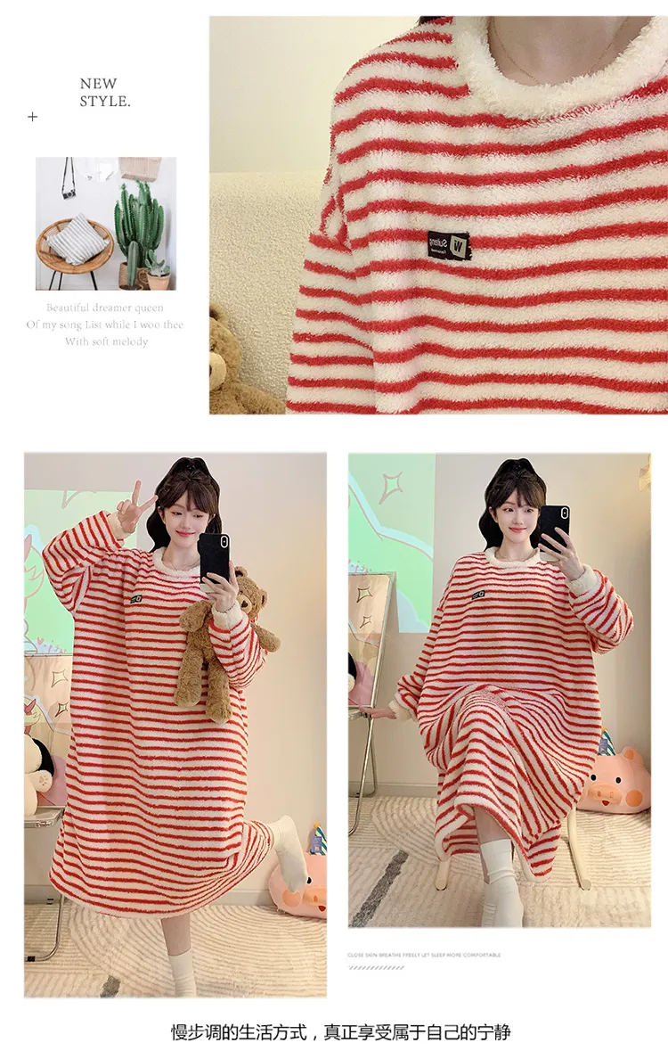 Women's Pajamas Winter New Half-Sherpa Fleece Nightdress Korean Style Loose Plus Size Up to 125kg Wearable Loungewear M-2XL · Wholesale · OEM · Worldwide Shipping - Detail 5