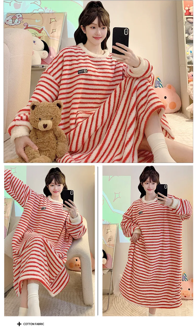 Women's Pajamas Winter New Half-Sherpa Fleece Nightdress Korean Style Loose Plus Size Up to 125kg Wearable Loungewear M-2XL · Wholesale · OEM · Worldwide Shipping - Detail 6
