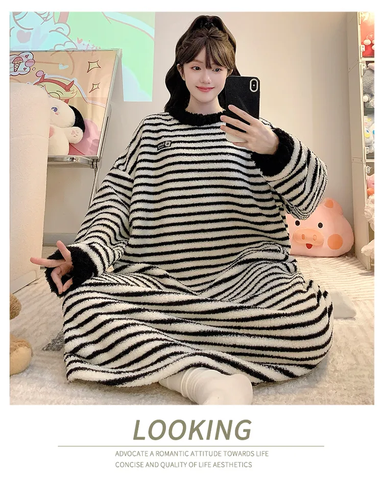Women's Pajamas Winter New Half-Sherpa Fleece Nightdress Korean Style Loose Plus Size Up to 125kg Wearable Loungewear M-2XL · Wholesale · OEM · Worldwide Shipping - Detail 9
