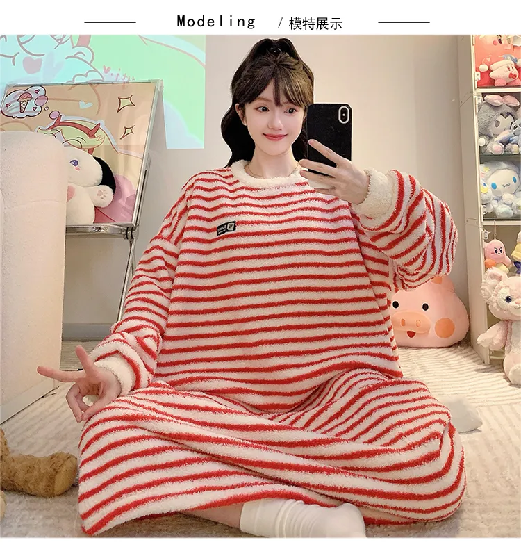Women's Pajamas Winter New Half-Sherpa Fleece Nightdress Korean Style Loose Plus Size Up to 125kg Wearable Loungewear M-2XL · Wholesale · OEM · Worldwide Shipping - Detail 4