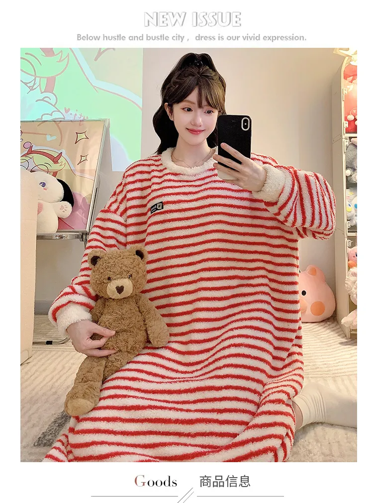 Women's Pajamas Winter New Half-Sherpa Fleece Nightdress Korean Style Loose Plus Size Up to 125kg Wearable Loungewear M-2XL · Wholesale · OEM · Worldwide Shipping - Detail 1